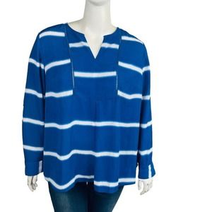 Lane Bryant Womans Sz 18/20 Plus Long Blouse Top‎ Blue Stripe V Neck